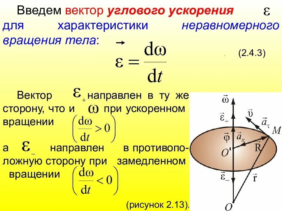 Ускорения при вращательном движении тела. Формула нахождения углового ускорения. угловая скорость при замедленном вращении. направление векторов угловой скорости и ускорения. формулу для нахождения вектора углового ускорения.
