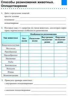 Размножение животных таблица