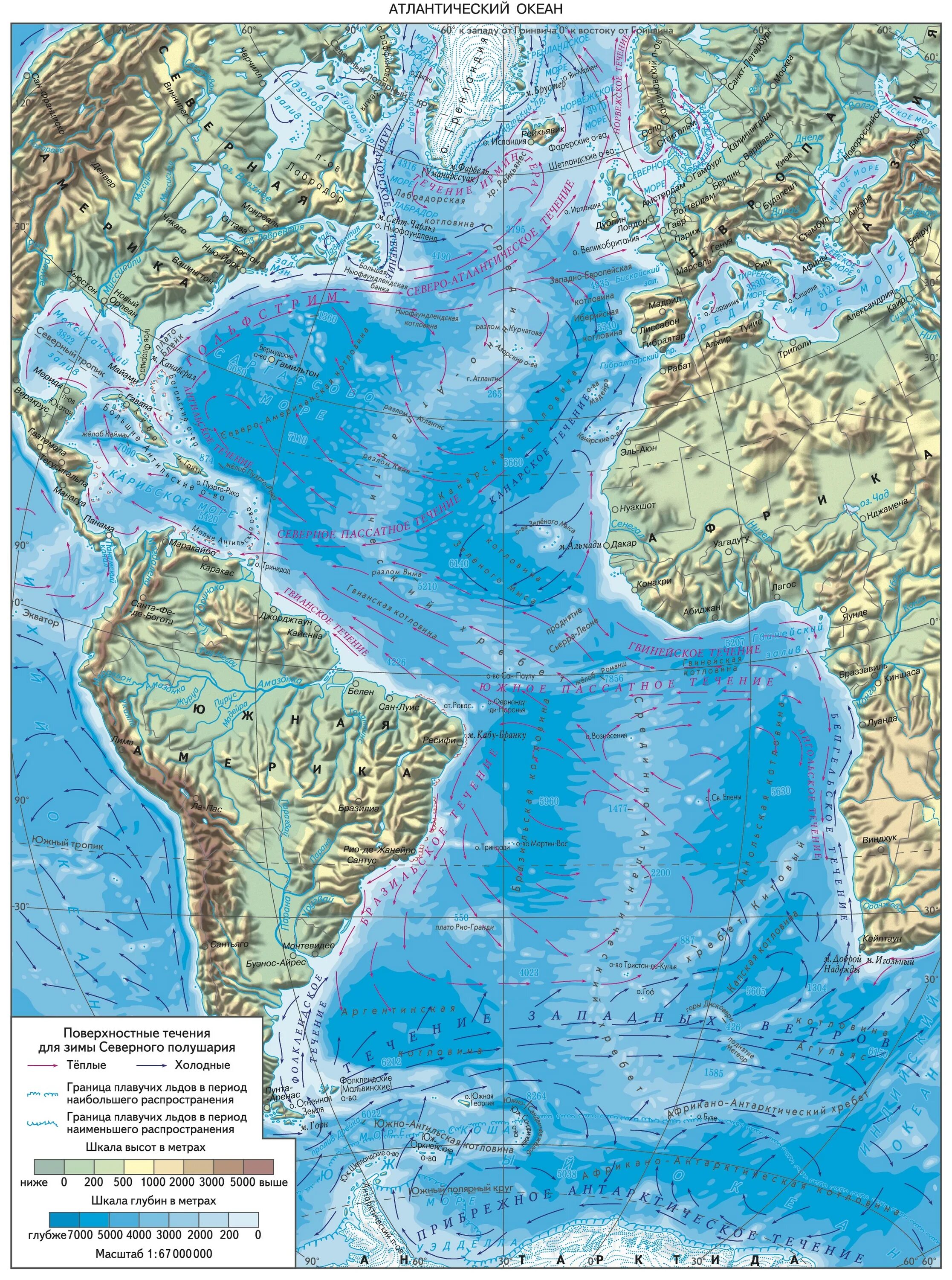 Перечисли моря атлантического океана. Карта глубин Атлантического океана. Рельеф дна и глубина Атлантического океана. Атлантический океан географическая карта. Южный Атлантический океан на карте.