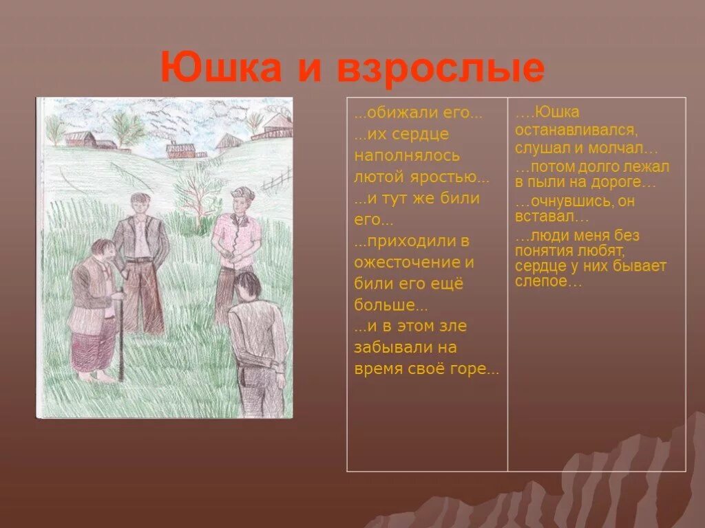 Название произведения юшка. А.П. Платонова "юшка". Тема рассказа юшка. Юшка иллюстрации. Юшка Платонов иллюстрации.