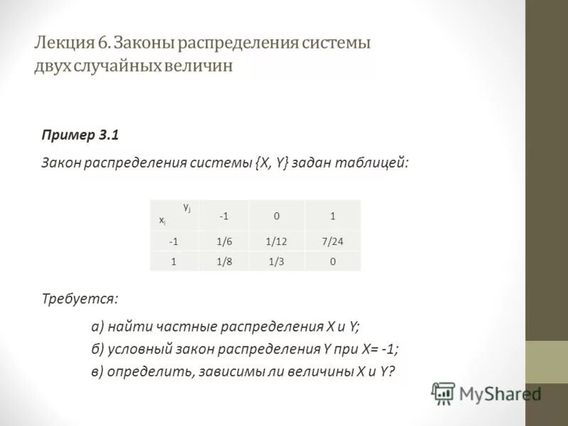 Закон распределения z x y