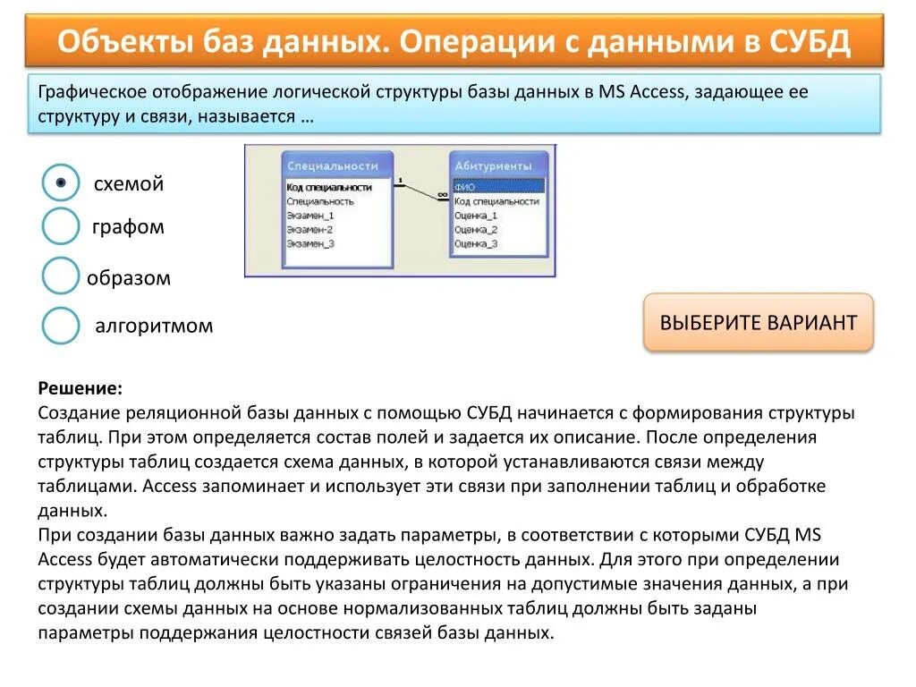 Объекты баз данных. Основные операции с данными в СУБД. Система управления базами данных MS access реализует. Какие объекты базы данных в СУБД access. Структура баз данных access.