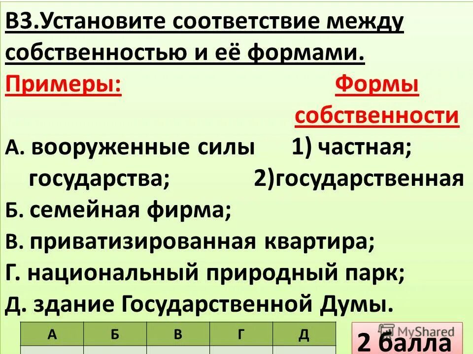 Тест 2 собственность. Установите соответствие форм и видов собственности. Примеры собственности. Виды собственности примеры. Формы и виды собственности.