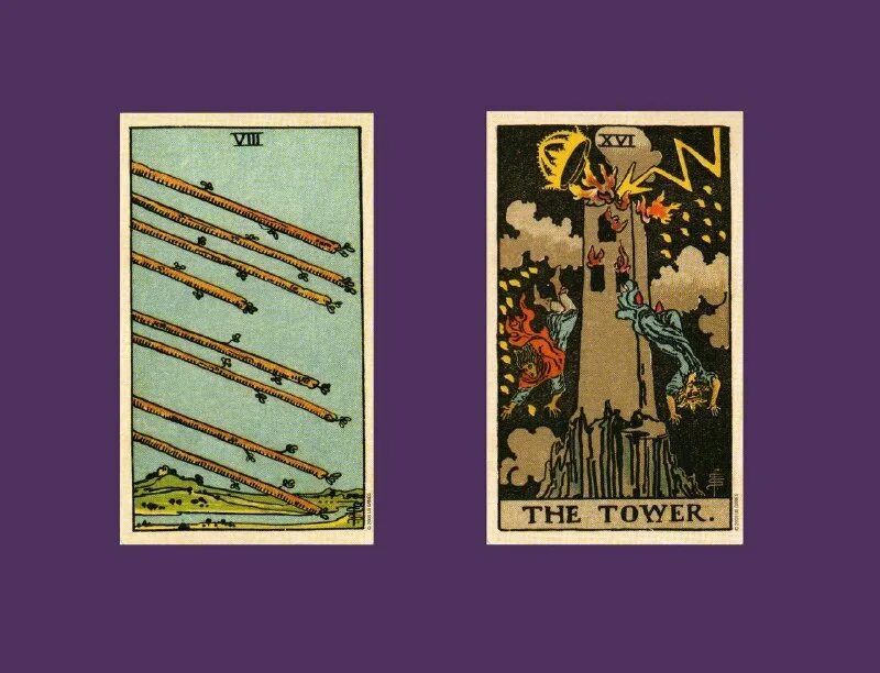 Рыцарь жезлов с башней. Таро райдера уэйта четверка жезлов. 8 жезлов райдера уэйта. Башня жезлов. 9 жезлов.