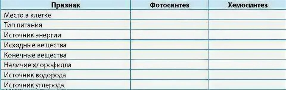 Каких клетках происходит фотосинтез таблица. Сравнение фотосинтеза и хемосинтеза таблица. Сравнительная характеристика фотосинтеза и хемосинтеза таблица. Сравнение процессов фотосинтеза и хемосинтеза таблица. Таблица сравнения фотосинтеза и хемосинтеза таблица 10.