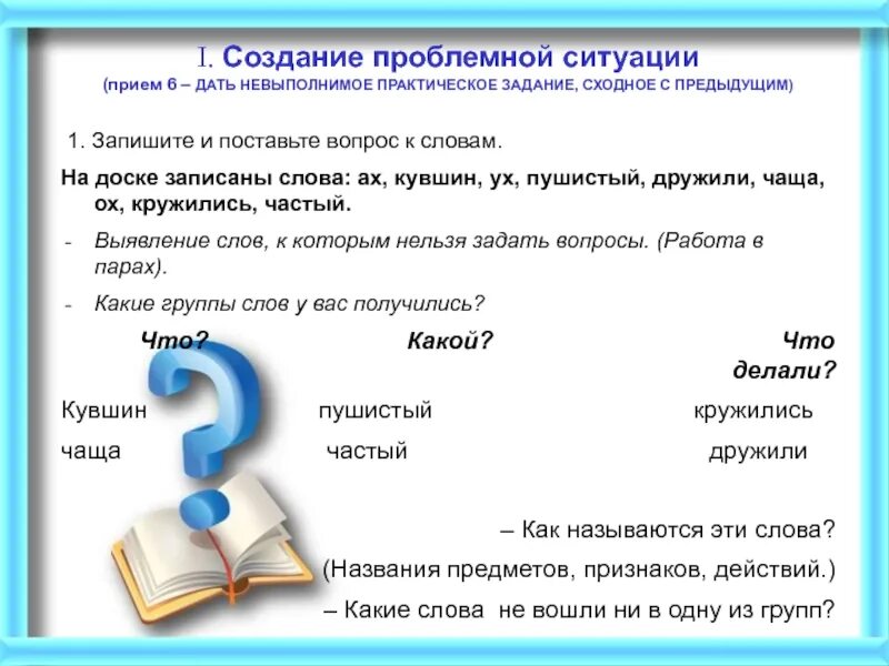 Задать вопросы к словам 1 класс. Слова к которым нельзя задать вопрос. Примеры  невыполнимое задание. Предложение со словом кувшин. Как называется слово к которому нельзя задать вопрос.