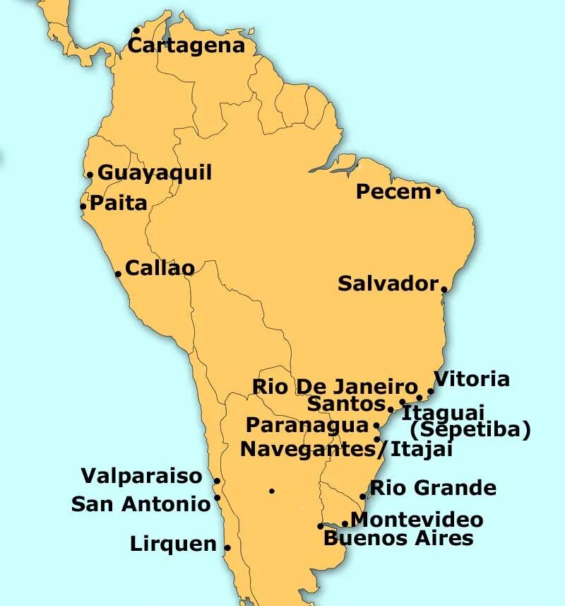 Порты Южной Америки на карте. Крупнейшие морские Порты Латинской Америки на карте. Порты Западного побережья Южной Америки. Крупнейшие Порты Южной Америки на карте.