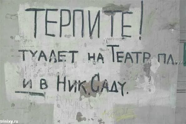 Терпит в туалет до последнего. Прикольные надписи на стенах домов. смешные надписи на заборах. терпит в туалет.