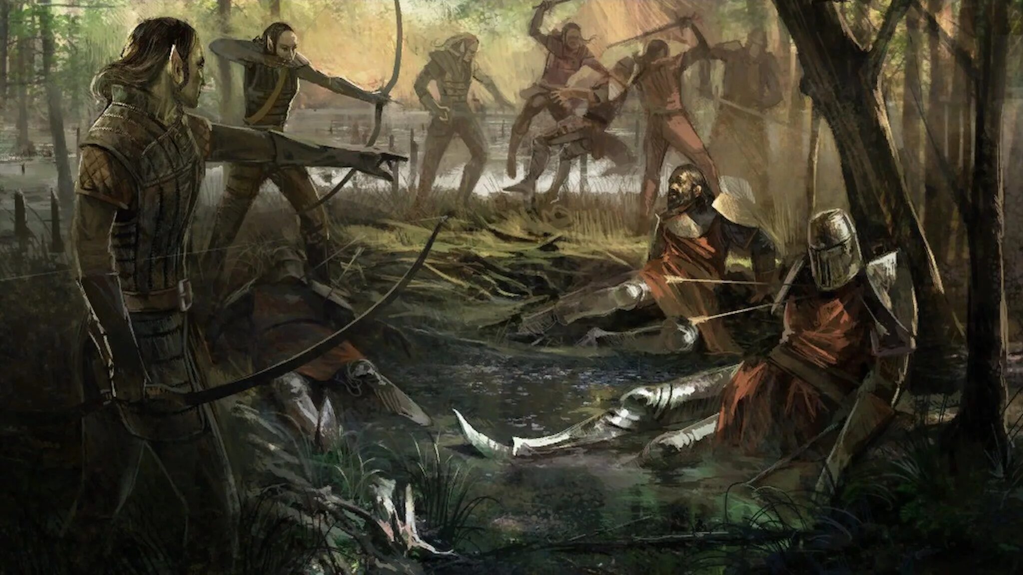 Битва разбойников. Битва разбойников. Битва разбойников. Средневековье арт. Ведьмак эльфы скоятаэли.