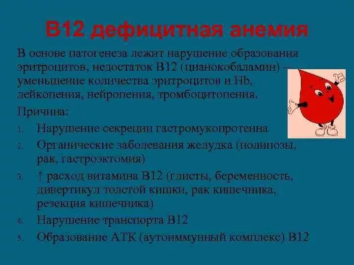 Лейкопения при анемии. В12 дефицитная анемия цианокобаламин. Причины b12 дефицитной анемии. Профилактика b12 дефицитной анемии.