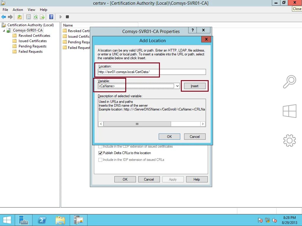 Select variables. Text variable. Https://CL-AAA-01/Certsrv/. Insert for Locator. “Click to add title” text Box and Type “agend.