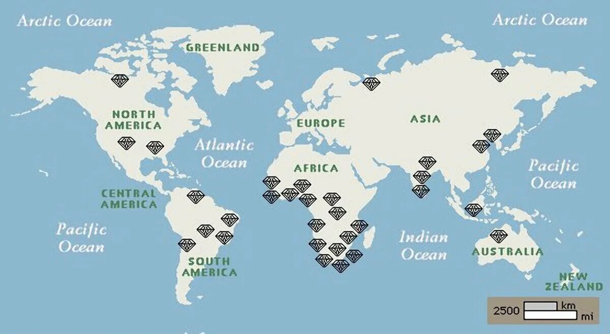 Карта месторождений алмазов. Карта добычи алмазов в мире.