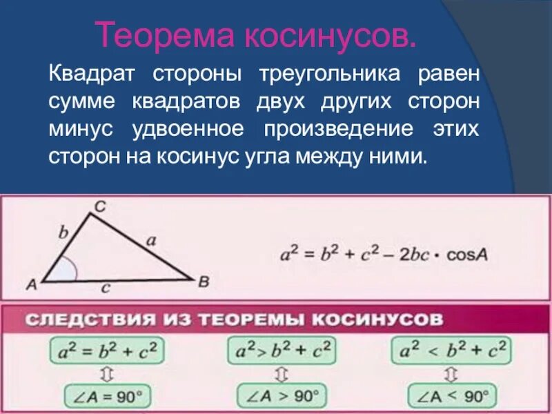 Формулировка теоремы косинусов 9 класс. Теорема косинусов 8 класс. Вид треугольника по теореме косинусов. Теорема синусов для нахождения стороны треугольника.