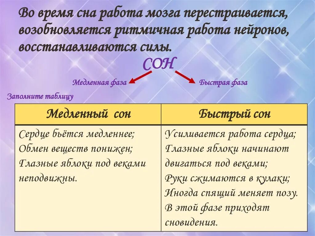 Согласно версии назначение быстрого сна найдите грамматическую. Медленная фаза сна характеристика. Характеристика медленного и быстрого сна. Фазы быстрого и медленного сна таблица. Характеристика фаз сна таблица.