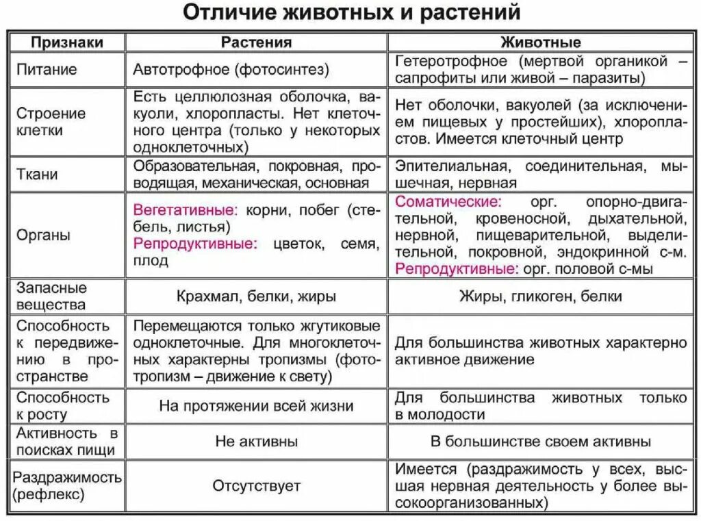 Отличающие признаки растений. Различия между растениями и животными таблица. Отличие животных от растений таблица 5 класс биология. Различие между животными и растениями таблица 7. Сравнительная характеристика растений и животных таблица 6 класс.