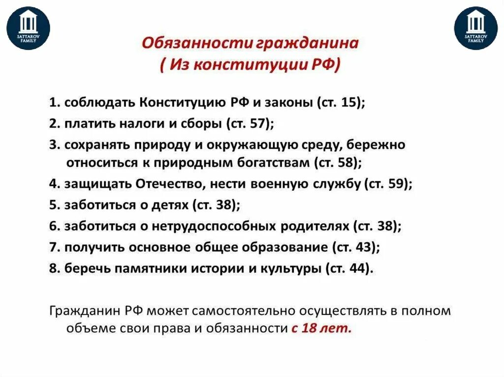 Конституционные обязанности гражданина. 7 обязанностей конституции рф