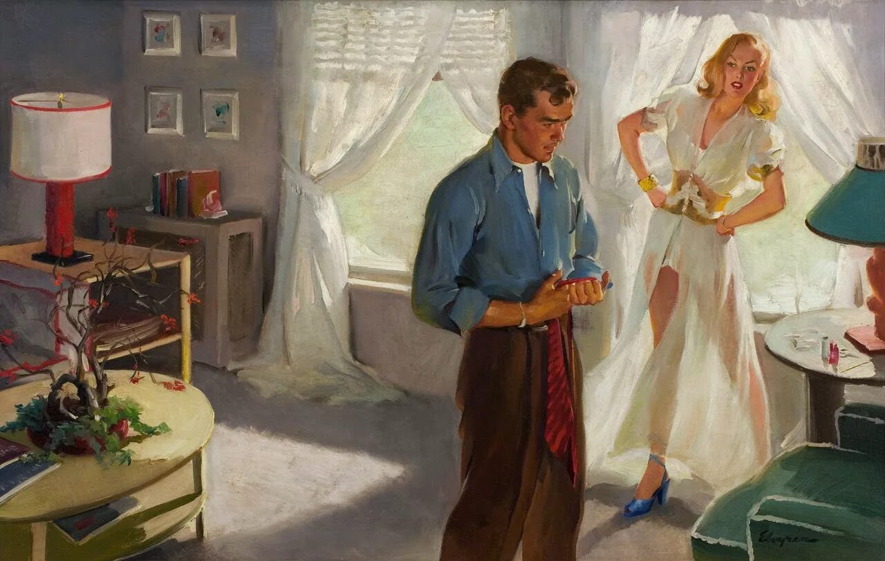 Художник Arthur Saron Sarnoff. Мужчина и женщина живопись. Супруги живопись. Живопись в стиле ретро. Гости собираются домой