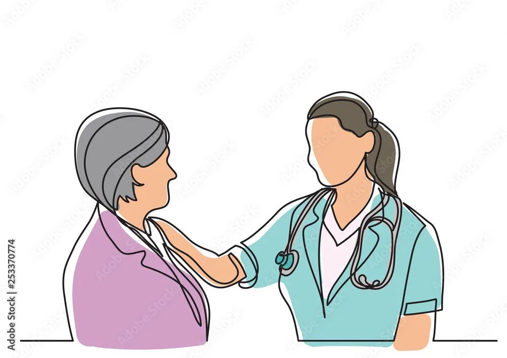 continuous line drawing of doctor and woman patient talking Векторне зображення 
