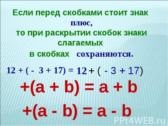 Знаки перед скобками. - Перед скобкой. Плюсы и минусы перед числами. Минус перед скобками правило.