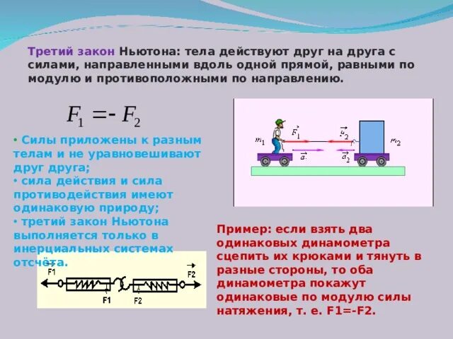 Третий закон Ньютона. Третий закон тела действуют друг на друга с силами. Третий закон Ньютона тела действуют друг на друга. Силы приложены к разным телам. Чем меньше сила действует на тело тем