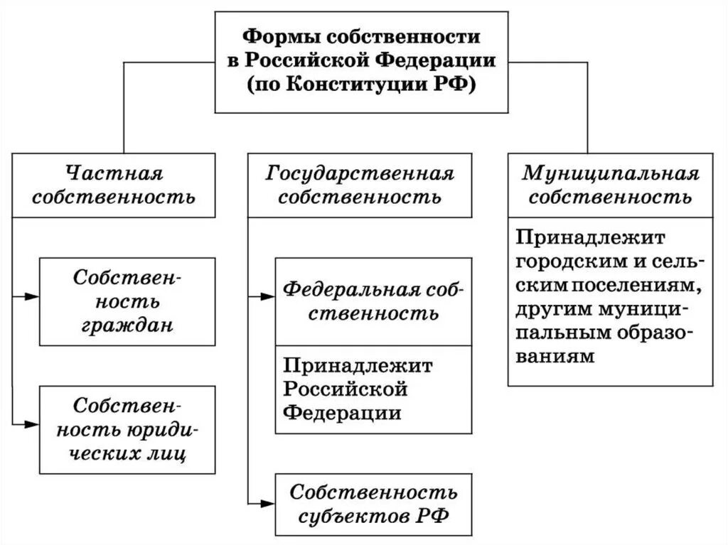 Разнообразные формы собственности. Схема форм собственности закрепленные в российском законодательстве.