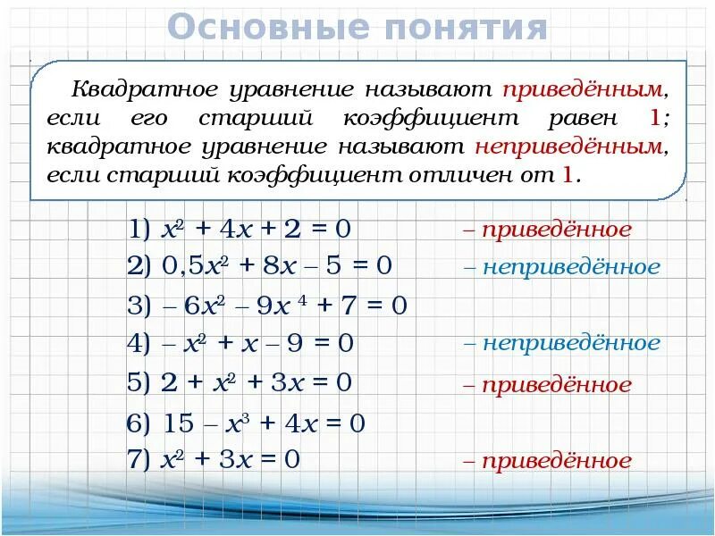 Привести к отличающим. Квадратные уравнения основные понятия 8 класс. Основные понятия квадратные уравнения 8 класс Алгебра. Приведенное квадратное уравнение 8 класс. Приведенные квадратные уравнения примеры.