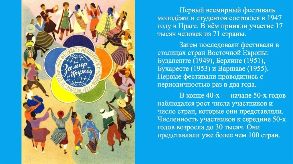 Всемирный фестиваль молодежи итоги. 1947 Год-в Праге первый фестиваль молодежи и студентов. Фестиваль молодежи и студентов 1947. Всемирный фестиваль молодежи. Первый Всемирный фестиваль молодёжи 1947 год.