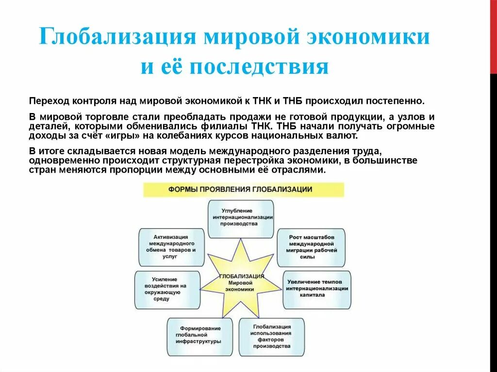 Формы экономической глобализации. Процессы глобализации в экономике. Глобализация и транснационализация мировой экономики. Глобализация и ее экономические последствия. Факторы глобальных изменений