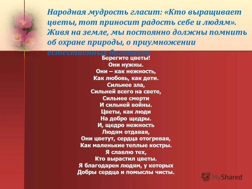 Песня посадим цветы. Народная мудрость кто выращивает цветы тот несет радость себе и людям. Цветы прекраснее всего что нам дает природа.