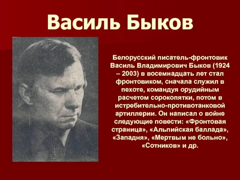 Писатели после войны. Писатели-фронтовики Великой Отечественной войны Быков Василь. Василь Быков писатель фронтовик. Василь Быков 1941-1945. Писатели времен Великой Отечественной войны Василь Быков.