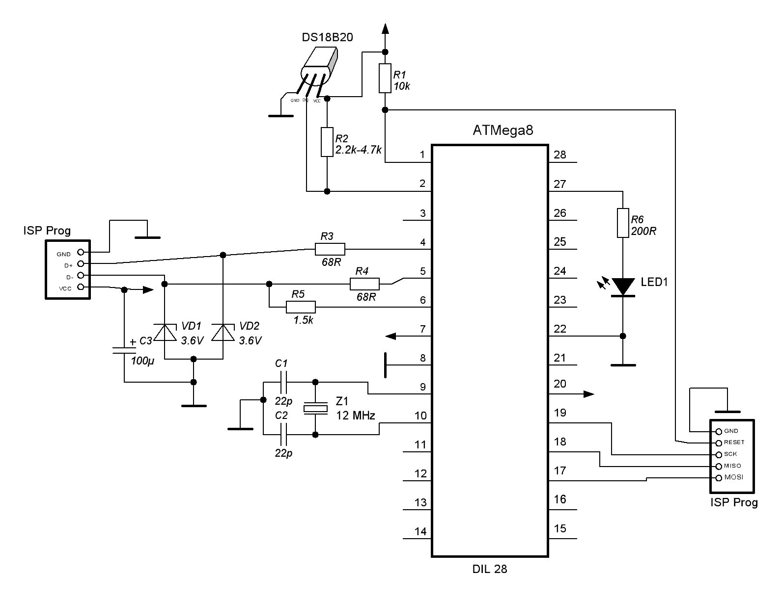 Схемы на микроконтроллерах atmega8. Принципиальная схема микроконтроллера atmega8. USB термометр на atmega8. Схемы на микроконтроллере атмега8.