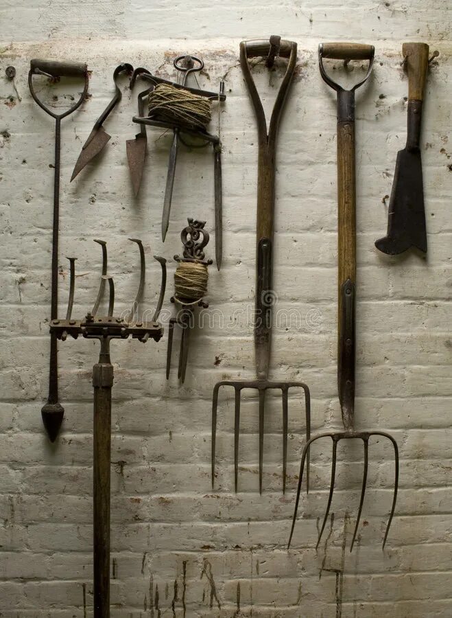 Сельскохозяйственные орудия труда 17 века. Садовый инструмент в гараже. Старинный садовый инвентарь. Старинные сельскохозяйственные орудия труда. Старый инвентарь.