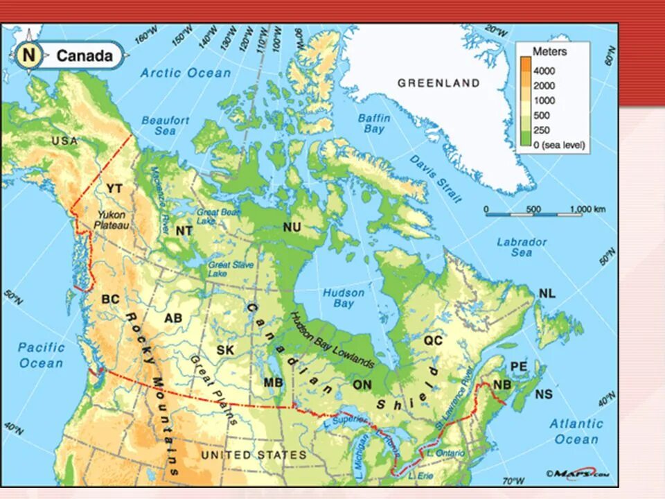 Рельеф Канады карта. Рельеф Канады физическая карта. Рельеф Канады карта на русском. Географическая карта рельефа Канады. Максимальные высоты канады