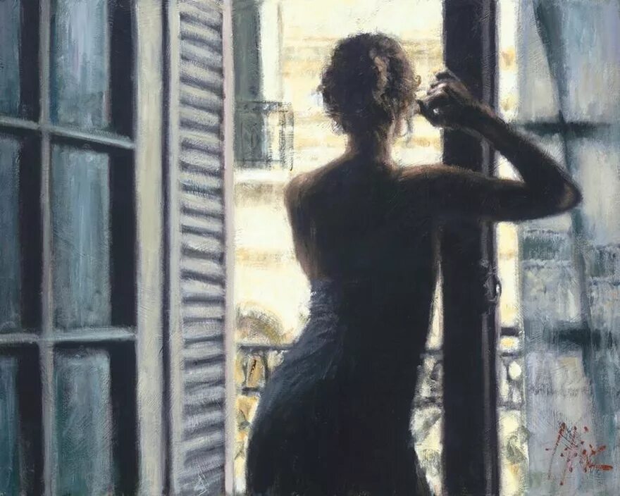 Фабиан Перез художник. Женский силуэт в окне. Женщина у окна спиной. Женщина в окне. Ждет ответа душа не