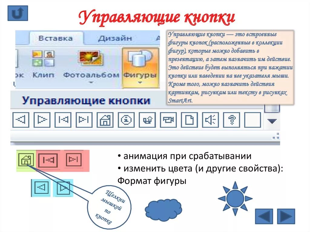 Управляющие кнопки. Управляющие кнопки в презентации. Кнопки для POWERPOINT. Как в презентации вставить управляющие кнопки.