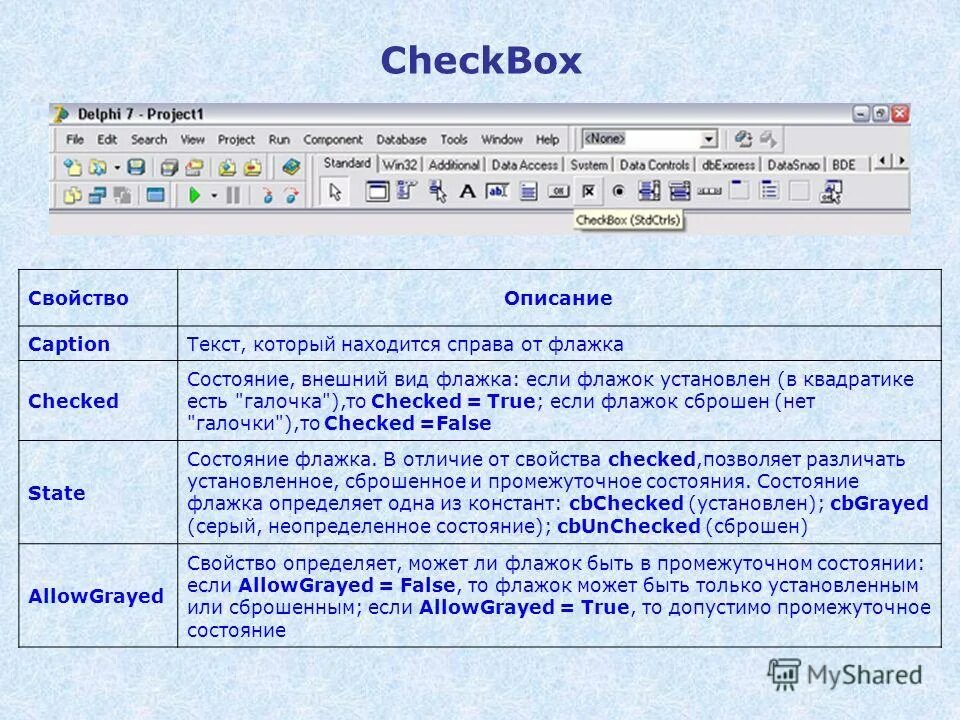 Софт имена. Программа имя по номеру. Бланк компонентов. Имя программы. Если allowgrayed false то флажок может принимать.