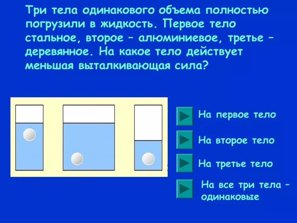 На тело полностью погруженное в бензин действует. Три тела одинакового объема погружены в жидкость. Тело полностью погружено в жидкость. Тии тело одинавкоко объёма погрущили в воду. Три тела.