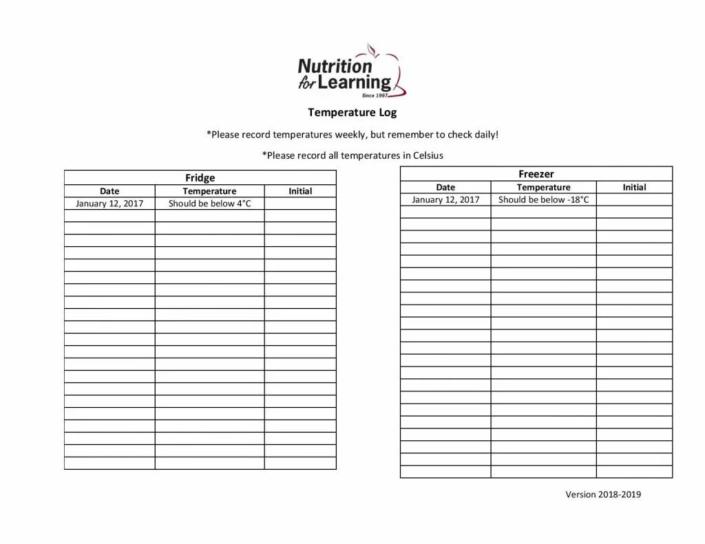 Temperature Sheet. PP Base Sheet of Refrigerator. Temp log