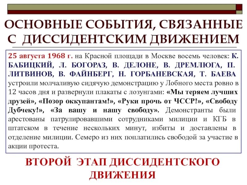 Какое значение имели события 1968. Основные события связанные с диссидентским движением. основные события диссидентского движения. диссидентское движение в ссср таблица. причины диссидентского движения.