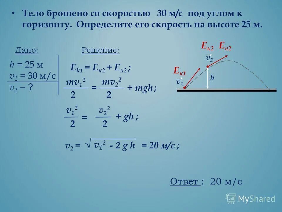 Скорость тела брошенного к горизонту. Скорость тела брошенного под углом. Тело брошенное с высоты под углом. Тело брошено со скоростью 20 м/с под углом 30 к горизонту. Определить на какую максимальную высоту