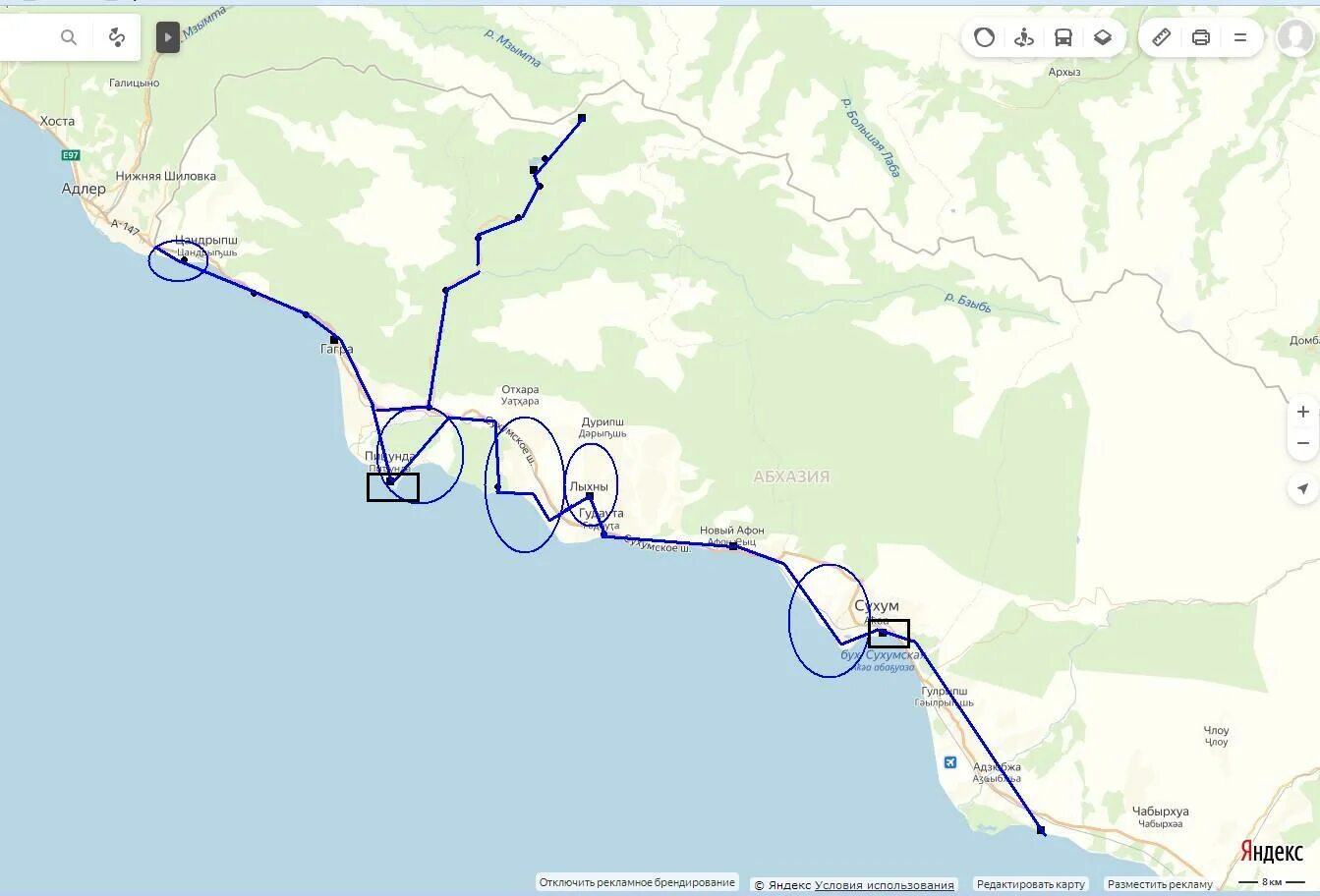 Адлер новый афон как добраться. Карта Абхазии с маршрутами. Озеро Рица Абхазия на карте. Река Бзыбь Абхазия на карте. Леселидзе Абхазия на карте поселок в Абхазии.