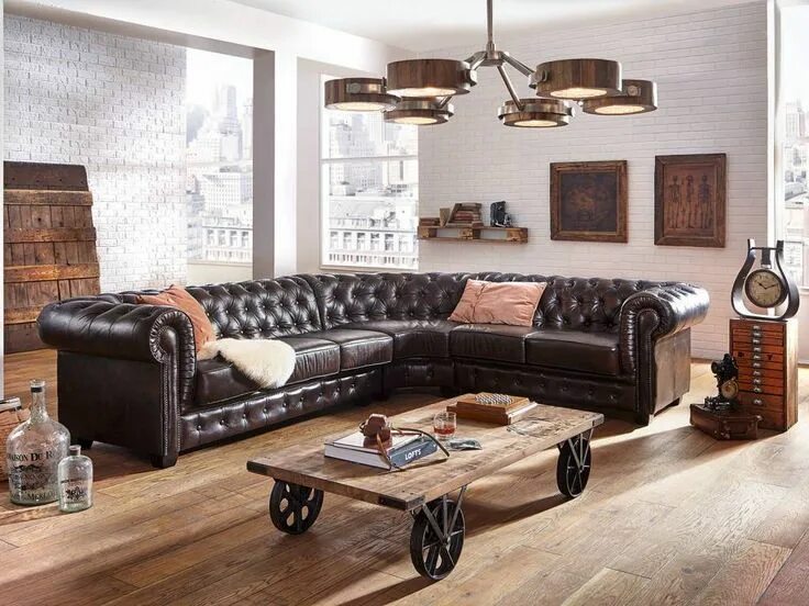 Кожаный диван в стиле лофт Gestepptes-Sofa 4-Sitzer aus Leder, mokka Vintage в 2020 г Кожаные диваны, Стол