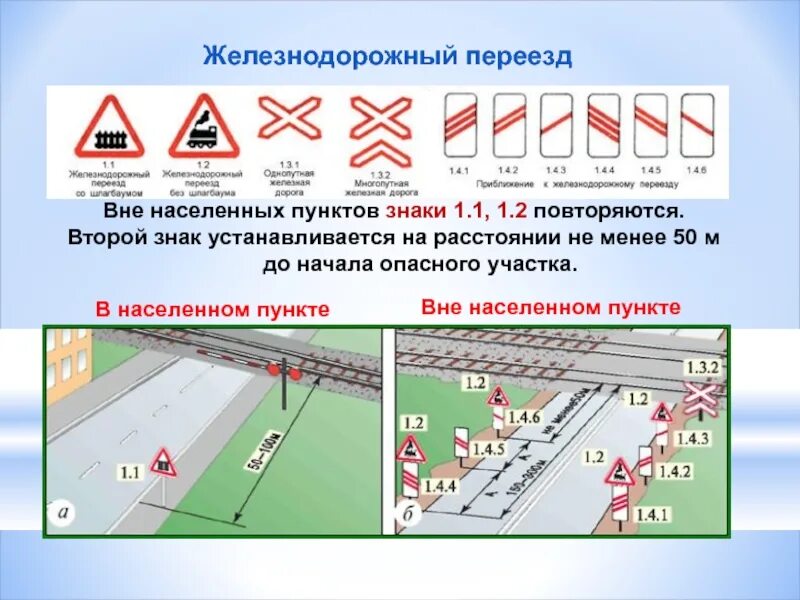 Опасная зона дорог. Предупреждающие знаки 1.1 "Железнодорожный переезд со шлагбаумом". Схема установки знаков на ЖД переезде. Знаки дорожного движения ЖД переезд. Обозначение железнодорожного переезда.