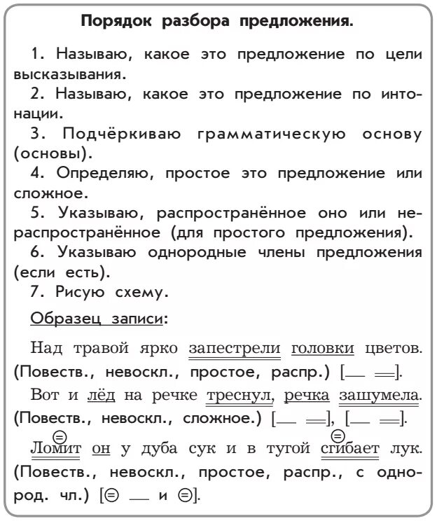 Утром в низинах расстилался. Характеристика предложения синтаксический разбор. Синтаксический разбор памятка. Разбор предложения характеристика. Схема разбора предложения.