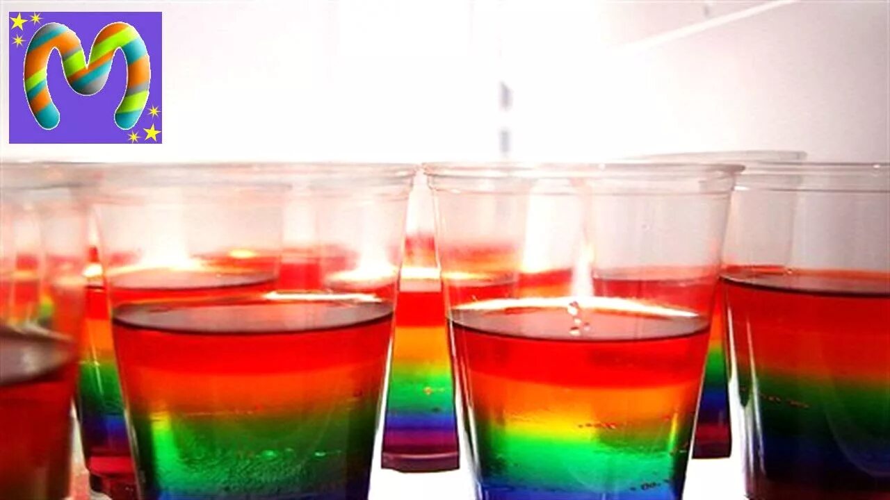 Опыт цветной. Цветная вода в стакане. Радуга в стакане. Желе в стакане. Разноцветное желе.