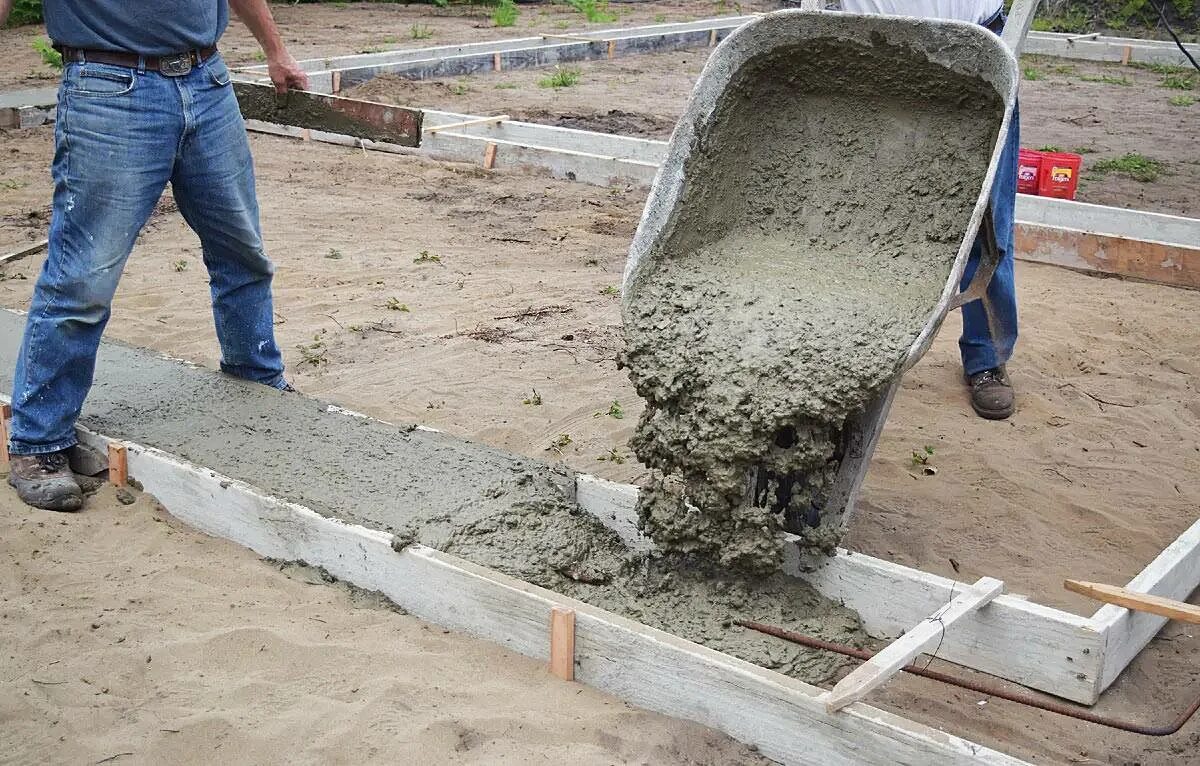 Монолитный фундамент, бетон м100. Фундамент из ЦПС м300. Бетонирование фундамента. Заливка бетона.