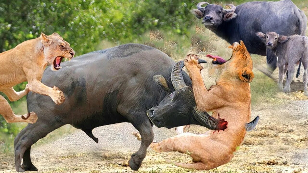 Животные и развлечения. Африканский буйвол против Льва. Атака Львов на буйволов.