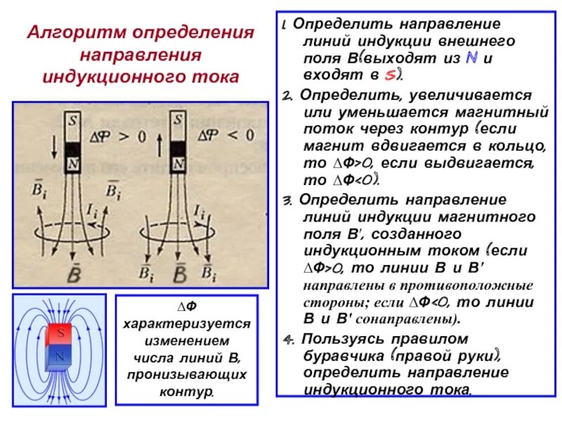 По какому правилу определяется направление. Магнитный поток направление индукционного тока. Индукционный ток в контуре. Алгоритм определения направления индукционного тока. Направление линий магнитной индукции внешнего магнитного поля.