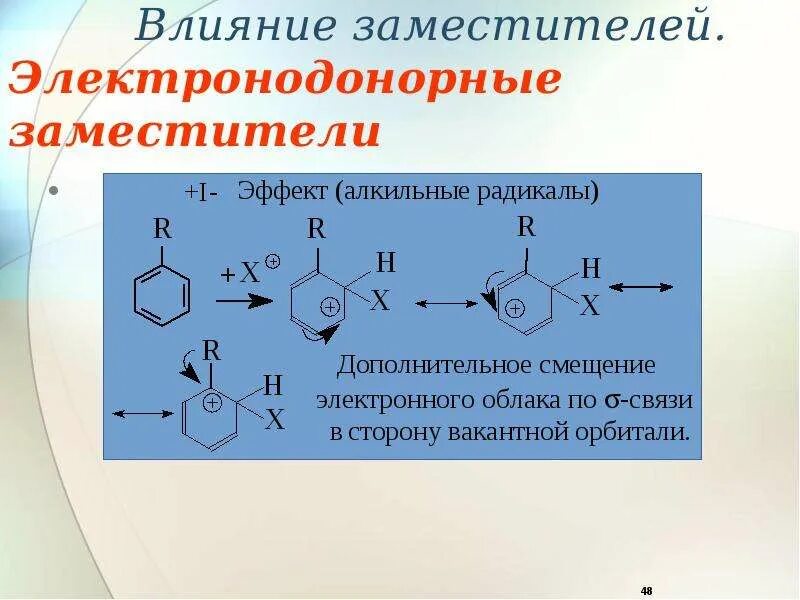 Замещение в радикале. Электронодонорные и электроноакцепторные заместители. Электронодонорные заместители стабилизируют катионы. Влияние электронодонорных и электроноакцепторных заместителей. Электронодонорные и электроноакцепторные заместители таблица.