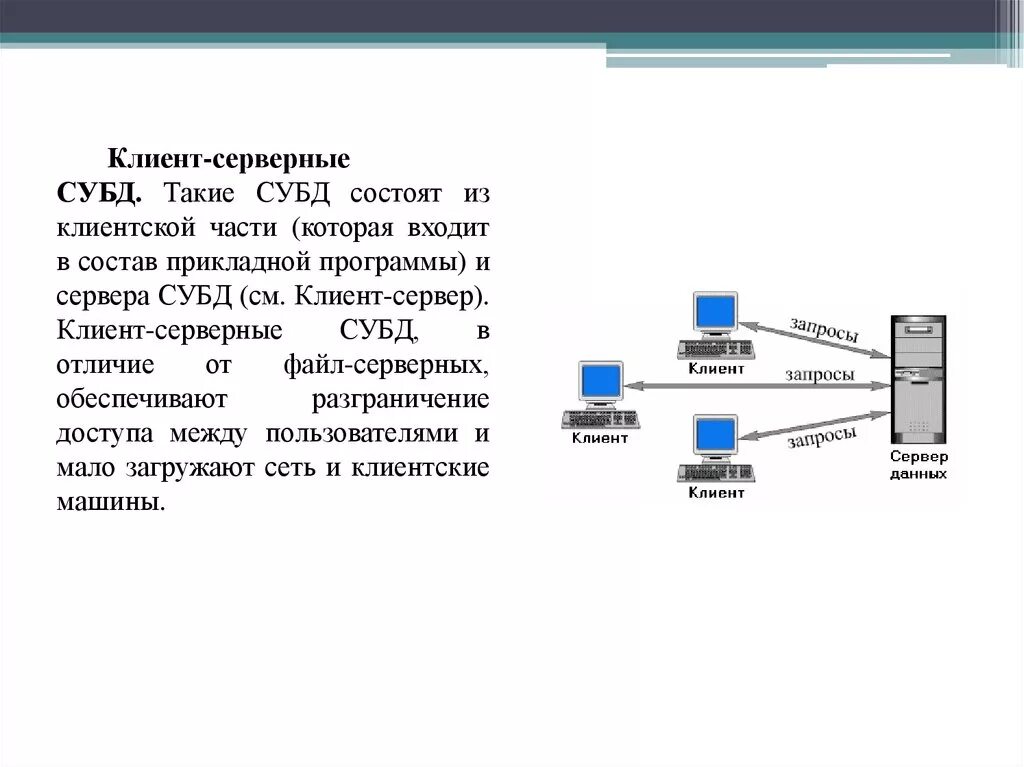 СУБД типа клиент сервер. Файл серверная архитектура БД. Функции СУБД В клиент-серверном. Систему управления базами данных: «клиент-сервер».